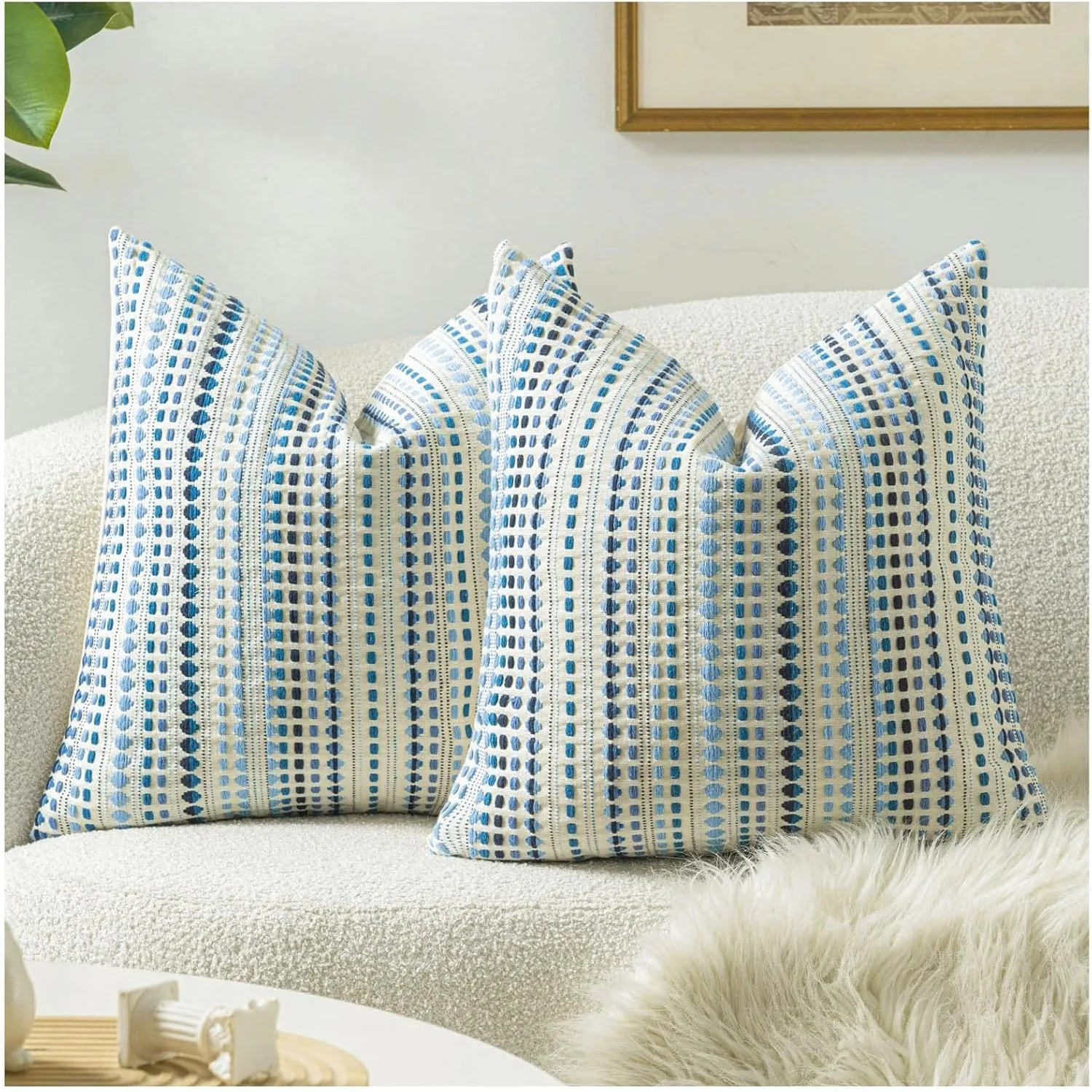 Blue Boho Throw Pillow Covers, Stripe Textured Decorative Couch Pillow Cases for Bed, Sofa, Living Room, Bedroom Cushion Covers