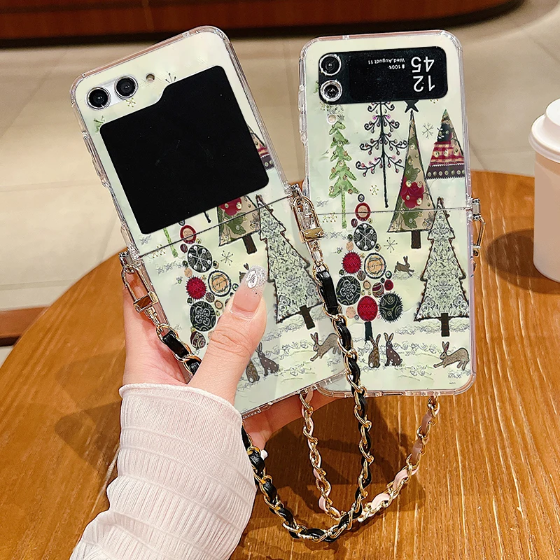 حافظة معدنية بحبل لهاتف سامسونج جالاكسي Z Flip7 Flip6 Flip5 Flip4 Flip 7 FE 6 5 4 3 5G نمط شجرة عيد الميلاد غطاء هاتف من البولي يوريثان