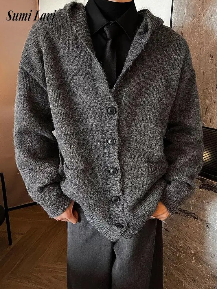 

Весенне-осенний модный мужской свитер с капюшоном, куртка, вязаный однотонный кардиган на пуговицах, мужские винтажные вязаные свитера