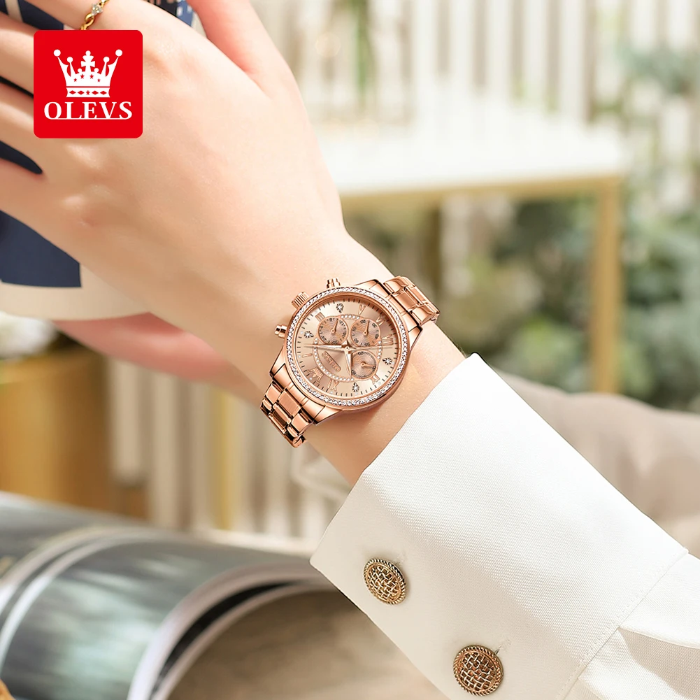 ساعة OLEVS TY715 للسيدات من أفضل العلامات التجارية الفاخرة ساعة كوارتز أصلية جميع الذهب الماس كلاسيكية مقاومة للماء بثلاثة أقراص صغيرة كرونوغراف