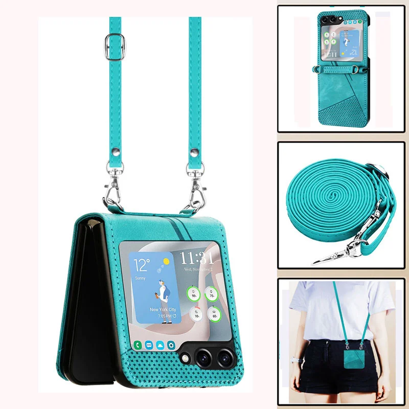 Lanyard Cards Solt Leather Wallet Case For Samsung Galaxy Z Flip 6 5 4 3 5G Flip5 Flip6 Purse Bag Crossbody Strap Pocket Cover