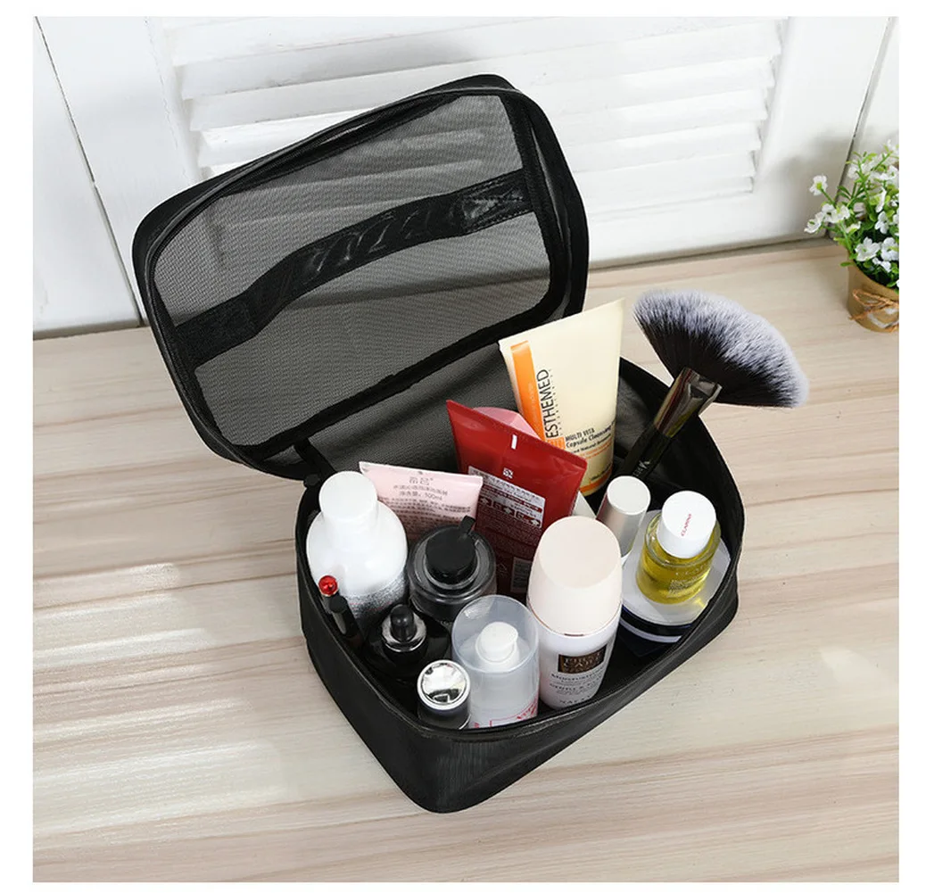 Trousse de maquillage transparente pour hommes et femmes, trousse cosmétique portable, trousse de toilette noire, poudres de maquillage, essentiel