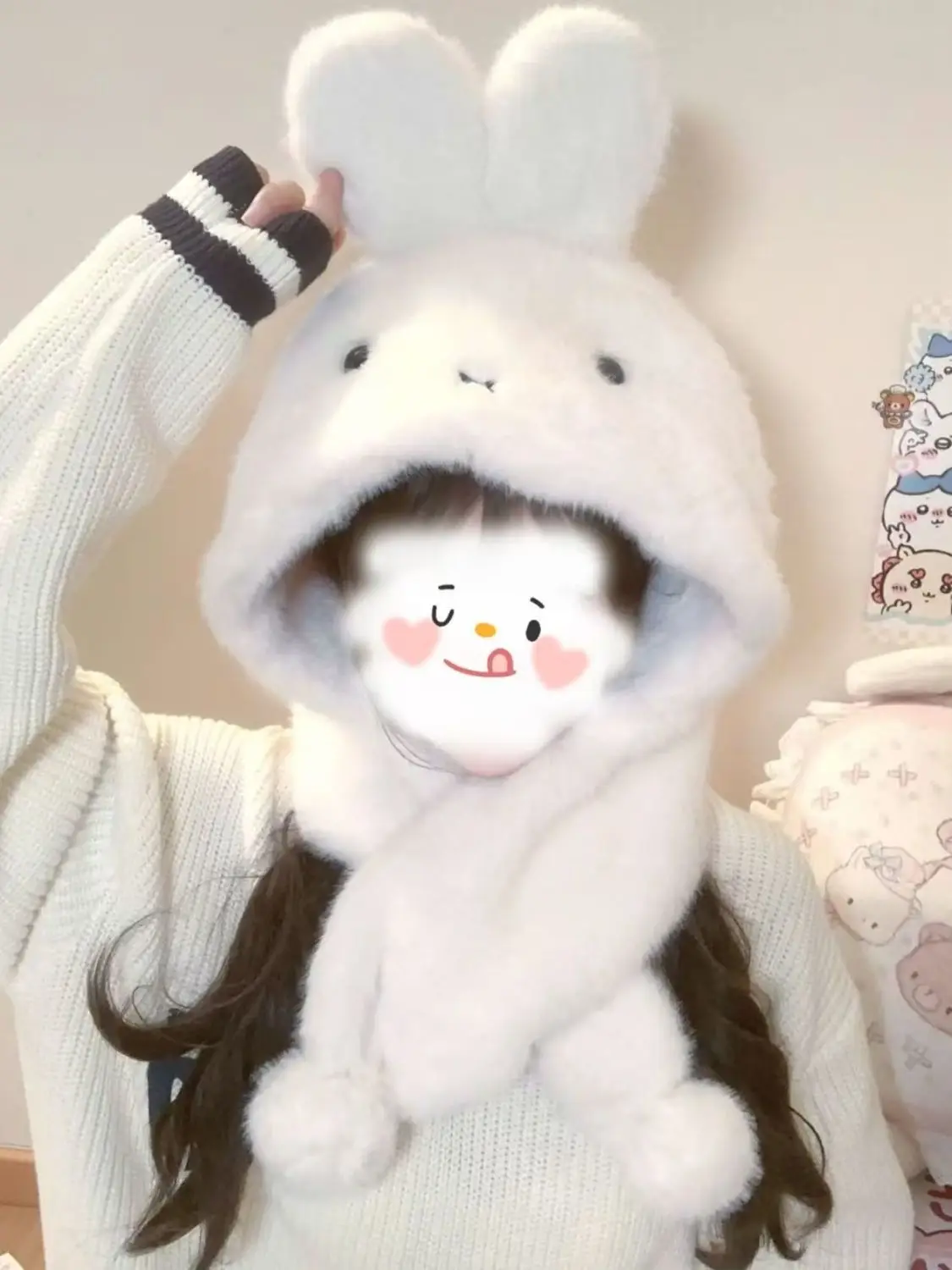 3D Stereo Cute Lovely Miffy Plush Hat Scarf Integrated Set Soft Warm Earflap Hat Windproof Winter Thermal Neck Warmer for Girls - view 3