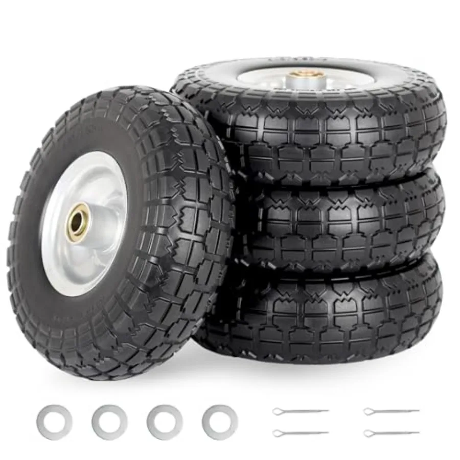 

10-Inch 4.10/3.50-4" Flat-free Solid Tire and Wheel with 5/8" Axle Bore Hole, 2.2" Offset Hub for Hand Truck Garden Wagon Cart