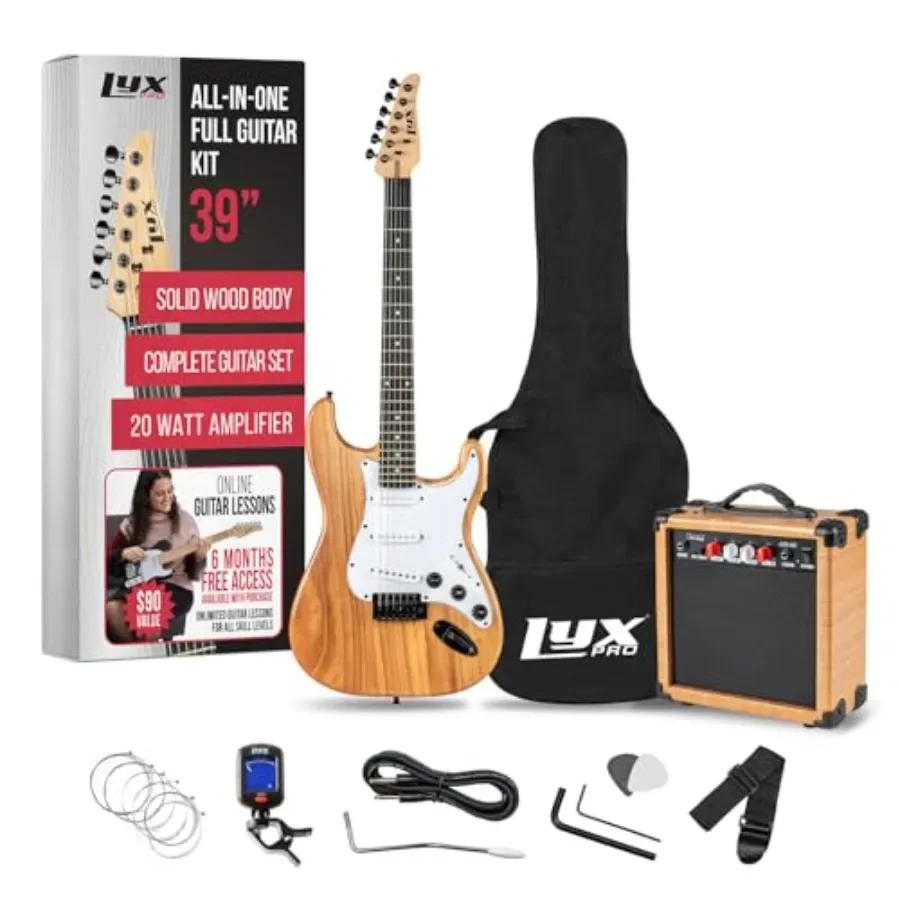 Electric Guitar beginner starter kit for home practice, basswood body, natural finish, includes 20W amp, tuner, strings, picks,