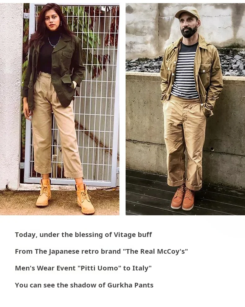 Maden Vintage Khaki Gurkha Hose, verstellbar, hohe Taille, lässige Cargo-Arbeitshose, klassische gerade Hose für Herren, Frühling und Herbst – Detail 11