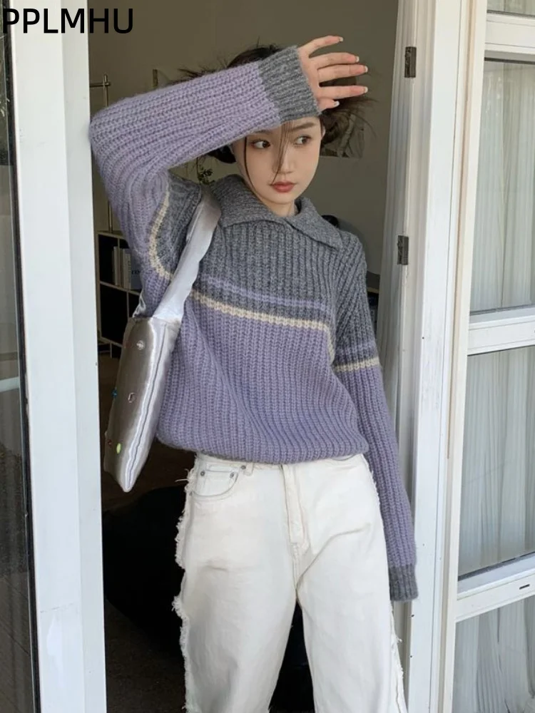 

Свитер с воротником-поло контрастного цвета, женские повседневные мешковатые пуловеры, модные мягкие вязаные пуловеры с лацканами и длинными рукавами, топ