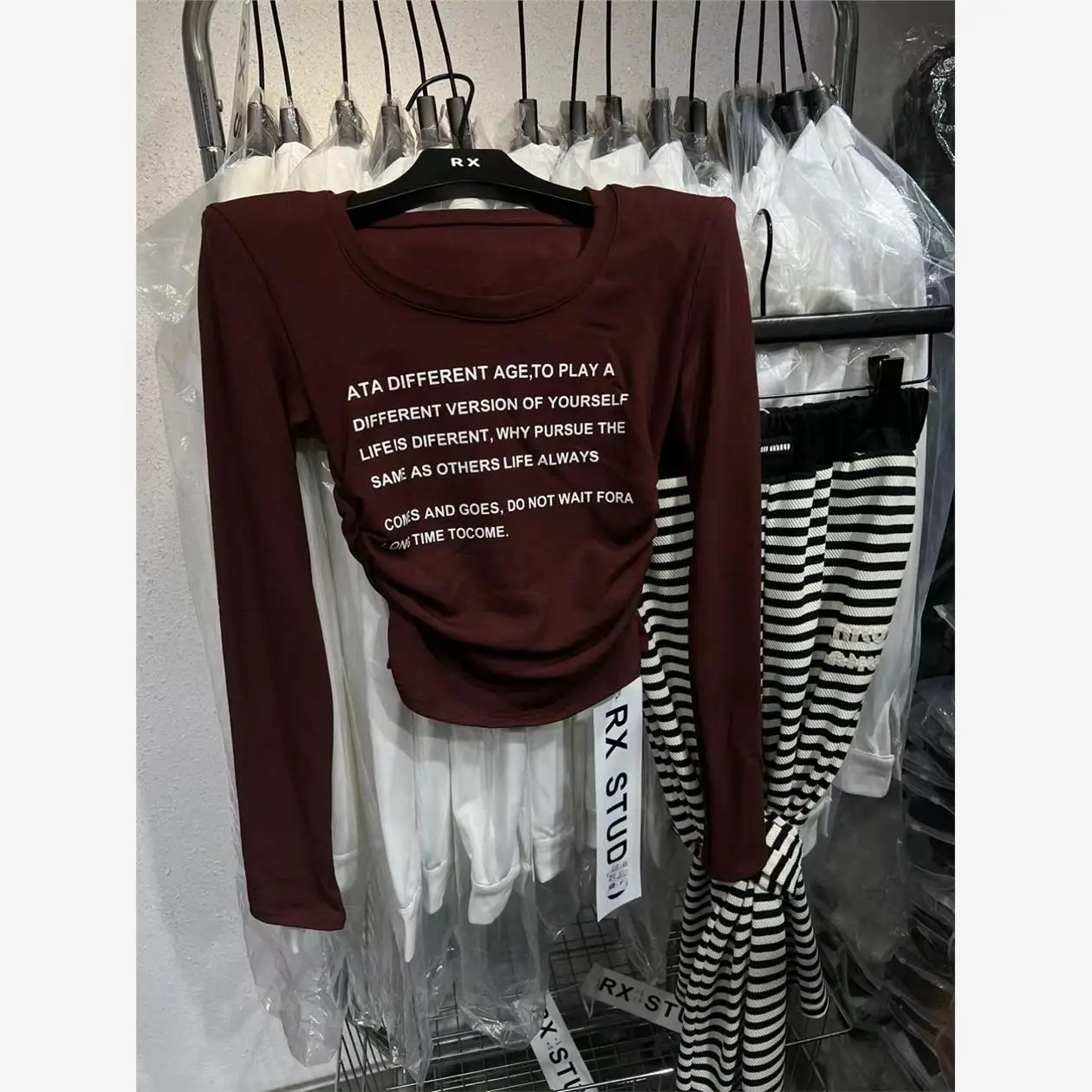 Slim Fit Casual Long Sleeve U-Neck Flocking Letter Print T-Shirt Women's Top Fashionable Autumn New Style Commute Style