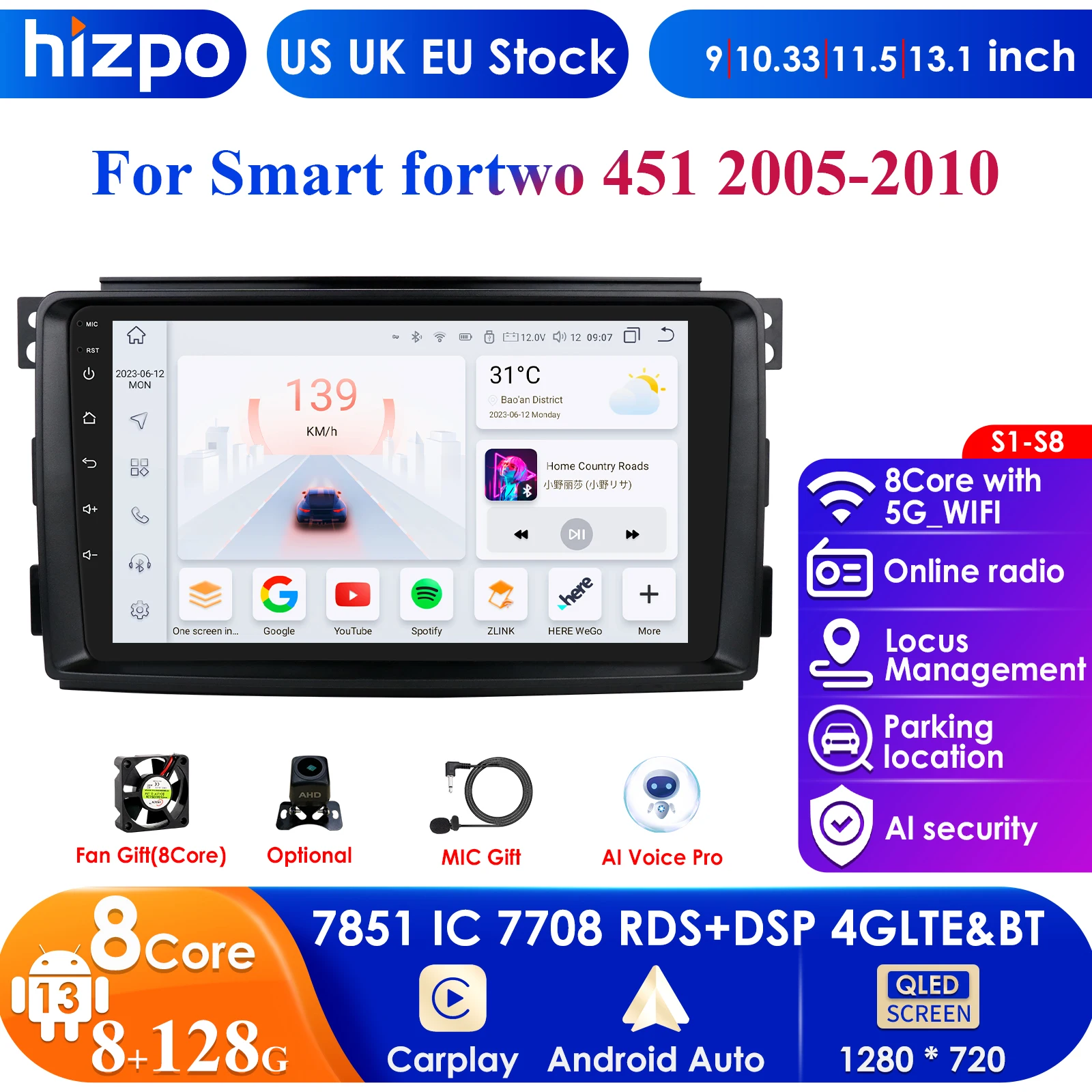 

9'' 7862 Intelligent Screen 2din Android Car Radio Multimedia Video Player For Smart Fortwo 451 2005 - 2015 GPS Carplay Auto 4G