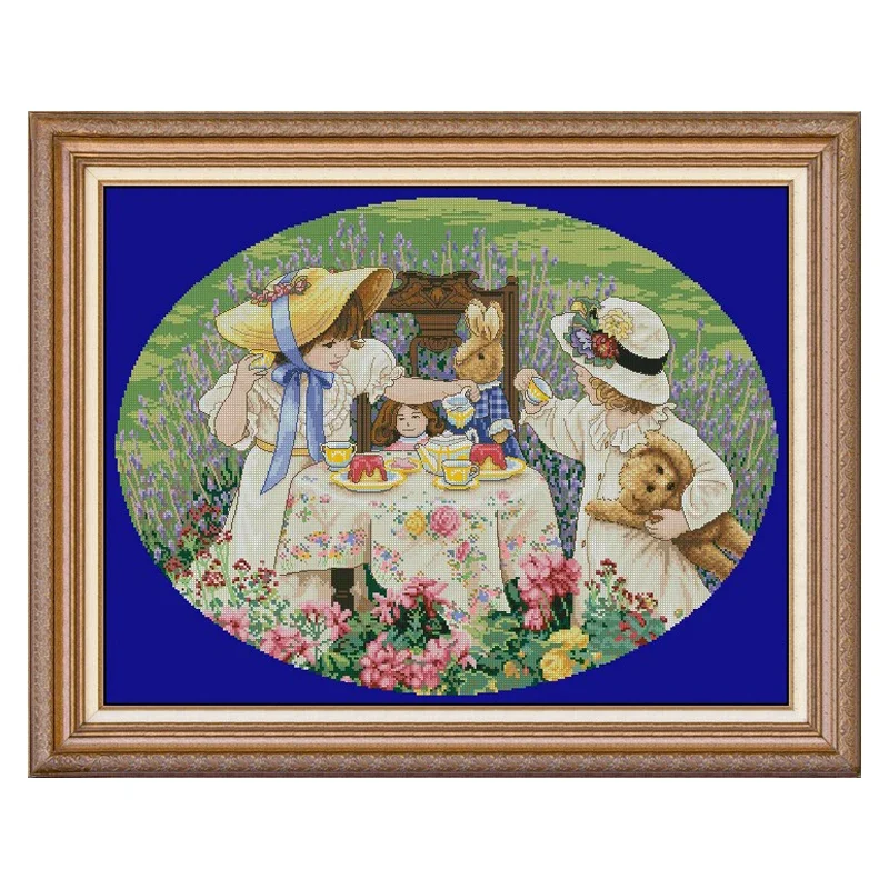 Amishop Top Quality Popular Counted Cross Stitch Kit Afternoon Tea Two Girls Bear Doll Bunny Drink Tea In The Garden Dim 35152