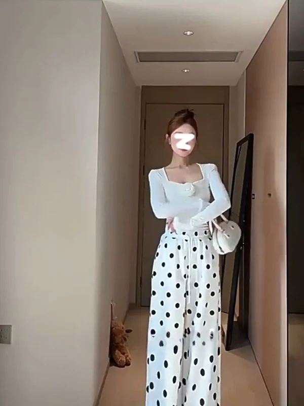 

Spring Korean Style Sequin Lace Short Base T-Shirt Wide Leg Pants Two Piece Set Women High Waist Chic Dot Print Long Pants
