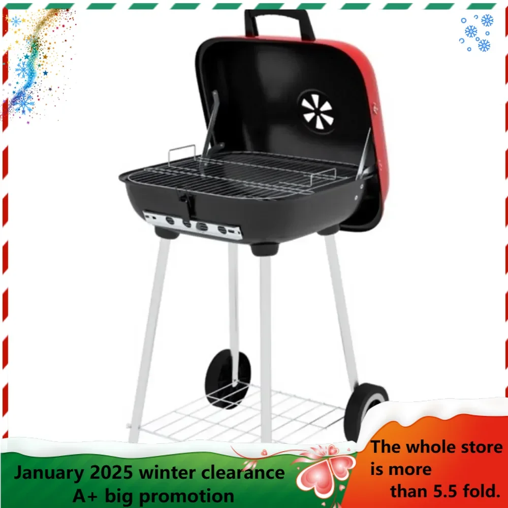 Portable Charcoal Grill /BBQ Grill with two back wheels for easy transport -Enamel-coated steel offers excellent heat resistance