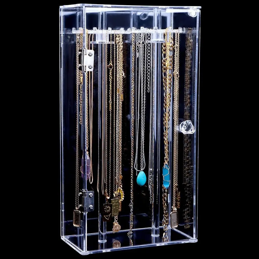 Rotatable Clear Necklace Holder with 24 Hanging Hooks Dustproof Jewelry Organizer Display Case with Beige Velvet Tray