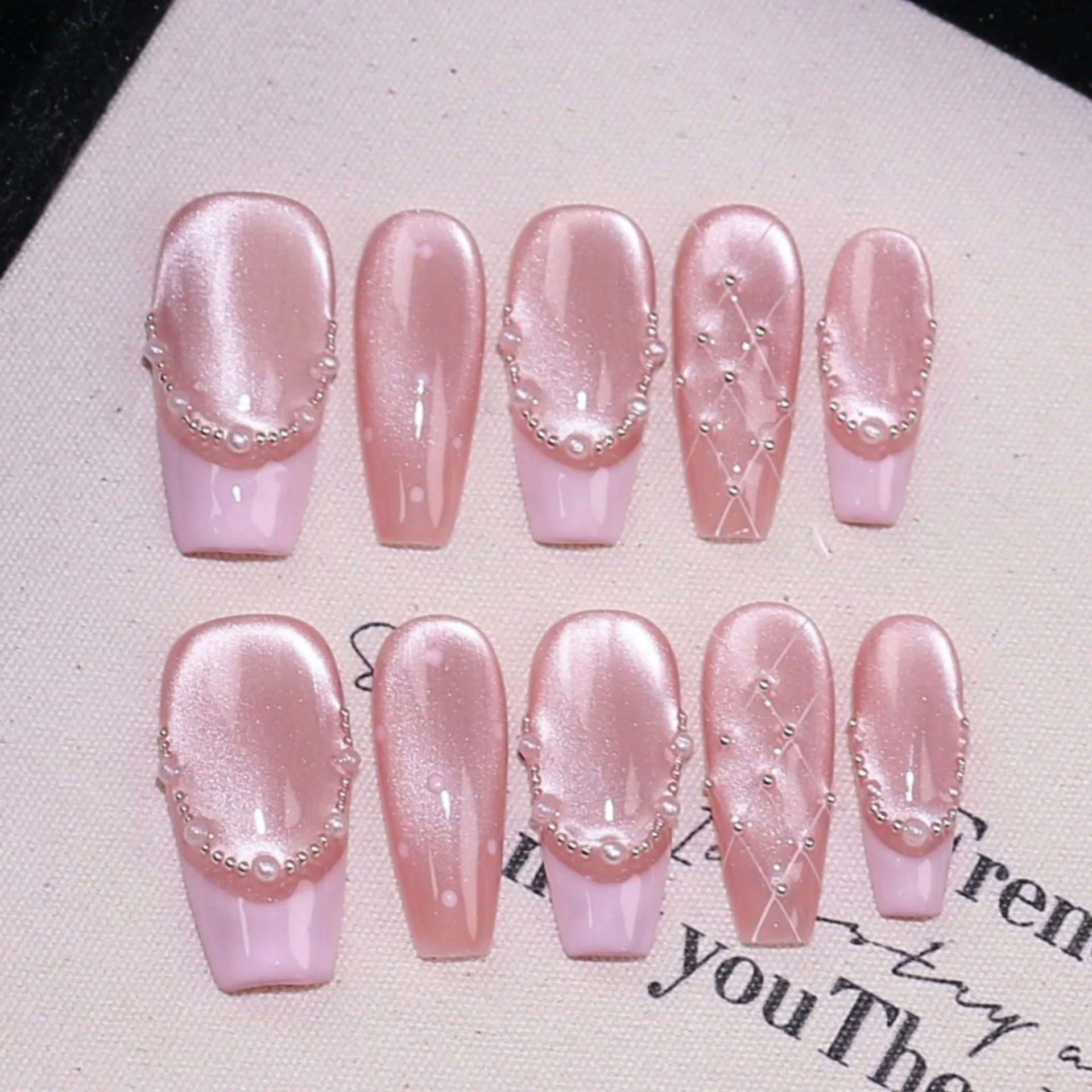 

10pcs French Ballet Handmade Fake Nails Tips Pearl Cat's Eye Design False Nail Art Finished Wearable Mid-length Press on Nails