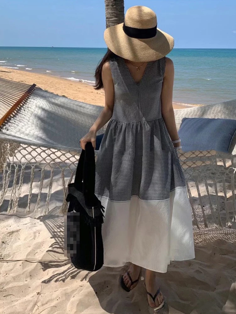 فستان نسائي أنيق بتصميم كلاسيكي وياقة على شكل V بدون أكمام، تنورة طويلة أنيقة للعطلات بتصميم كوري فضفاض يبرز الخصر #1