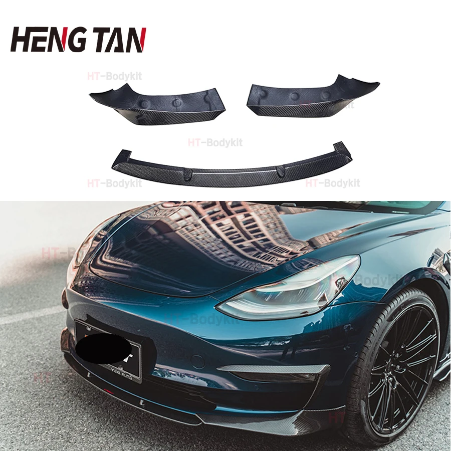 Real Carbon Fiber FRP Car Front Bumper Lip Spoiler Splitters For Tesla Model 3 2017 - 2020 CMS Style Chin Portector