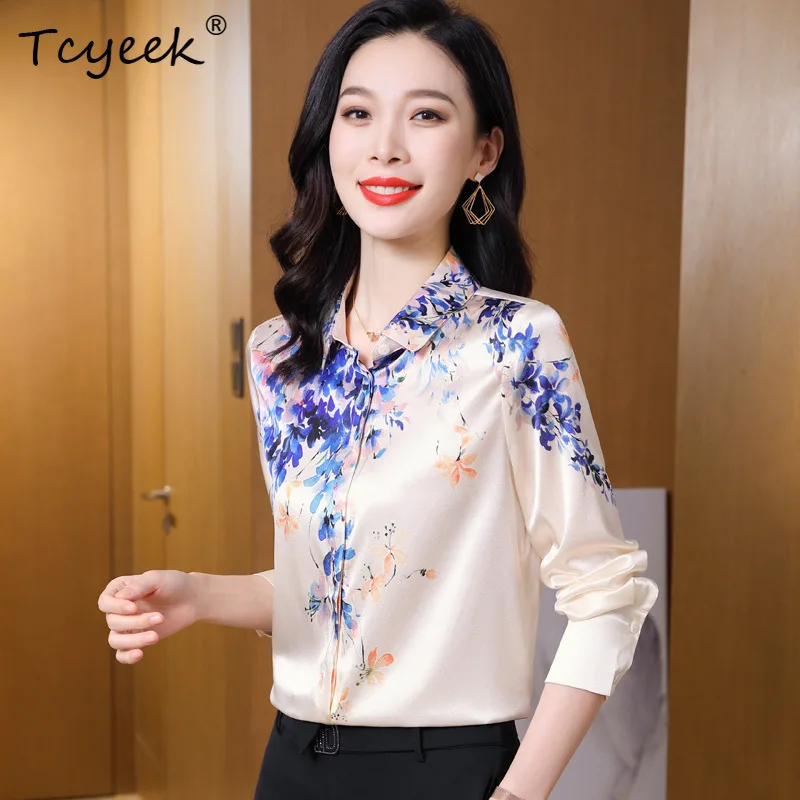 Tcyeek 90% Jedwab Morwowy 10% Spandex Koszula z Nadrukiem Temperamentna Jesień Zima 2023 Długi Rękaw Uniwersalna Bluzka Damska T30302QC