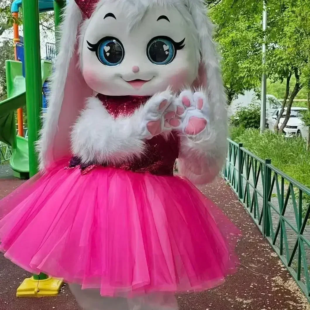 زي التميمة على شكل أرنب وردي للبالغين مع معطف خلفي أزرق على شكل دب أبيض لحفلة كرنفال الهالوين