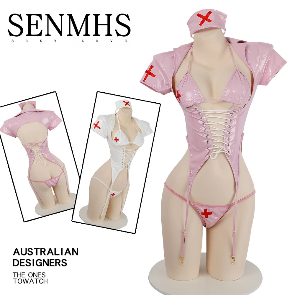 SENMHS Anime Leather Women Nurse Uniform V Neck Hollow Out Cosplay Costumes Backless Bandage with Garter Belt Sexy Lingerie Set