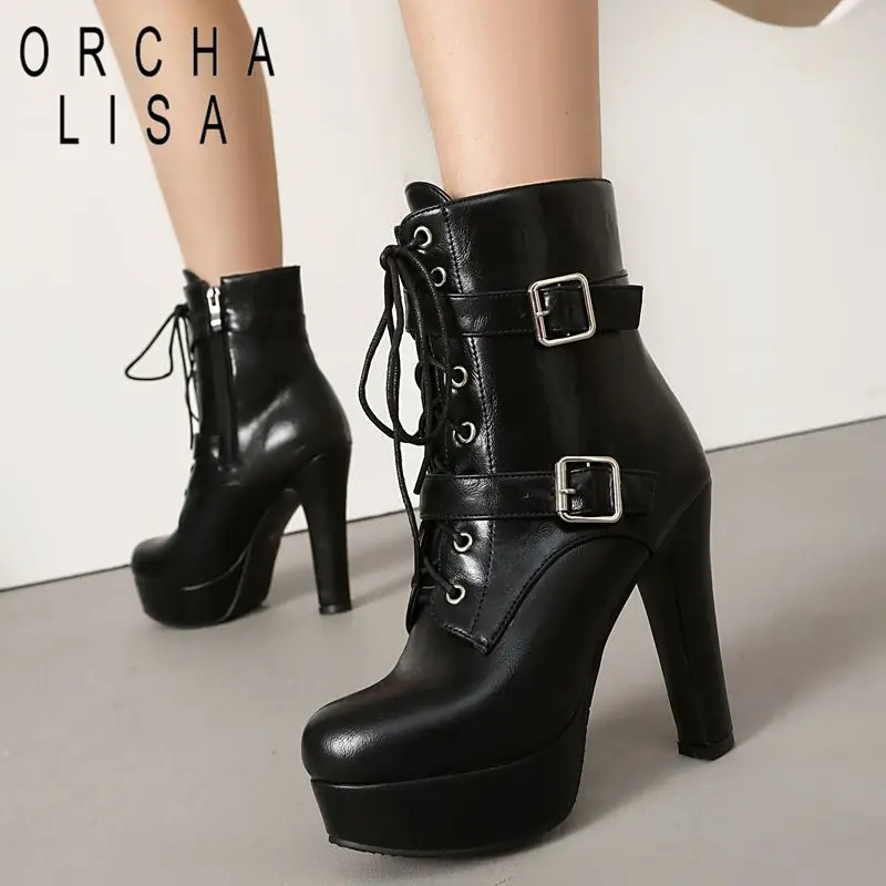 

ORCHA LISA Sexy Women's Ankle Boots Round Toe 13cm Block Heel 3cm Platform Zipper Lace Up Belt Buckle Black Big Size 45 47