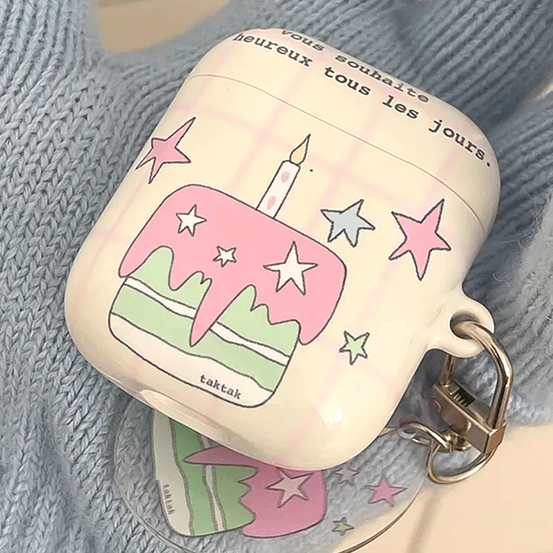 Harajuku Kawaii Cake Star AirPods Pro Case with Key Chain Korean Ins Earphone Case for Apple AirPods 3 2 1 Pro Air Pod Case