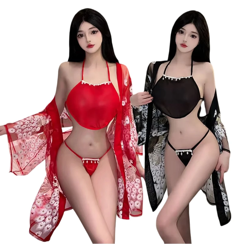 

Japanese Kimono Style Sexy Lingerie Pajamas Set Sheer Embroidered Bellyband Robe Sleepwear Nighty Night Dress Women Girls