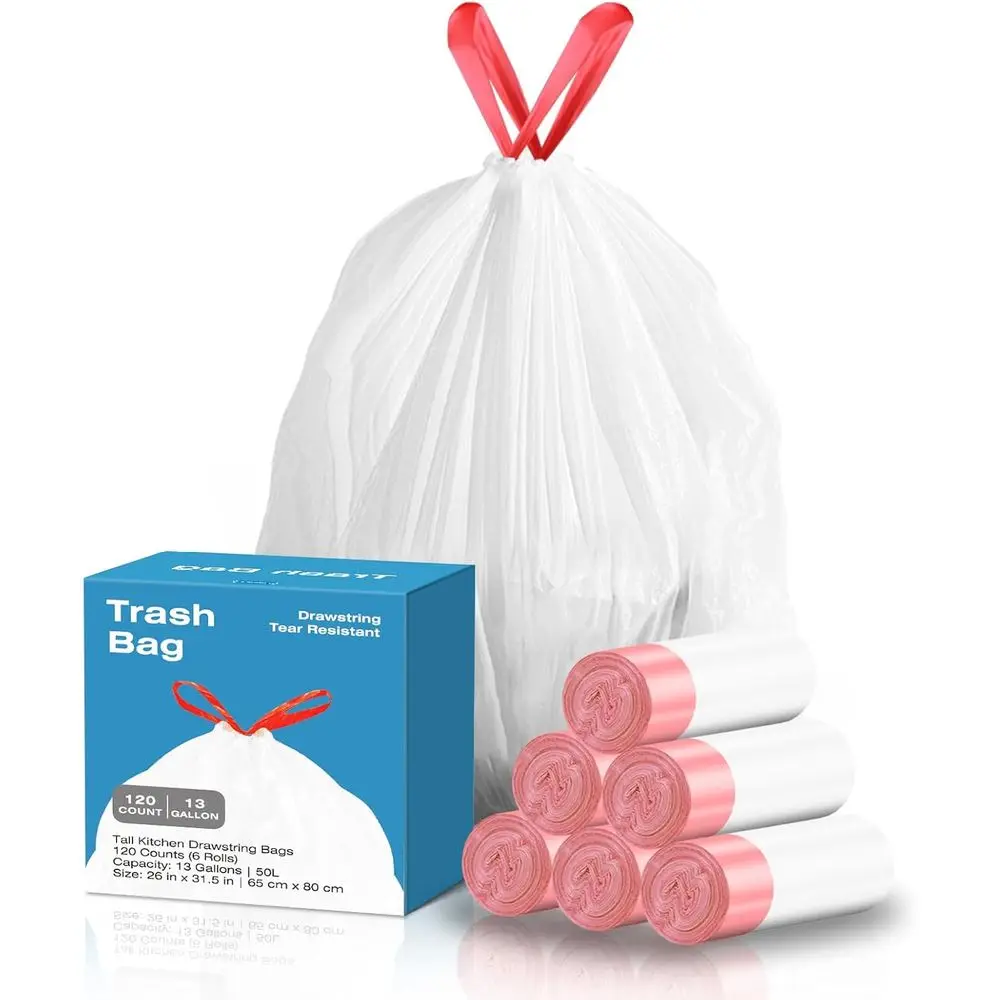 

120-Count Tall Kitchen Drawstring Trash Bags - Leakproof, Unscented, Pre-Separated for Home & Office Use