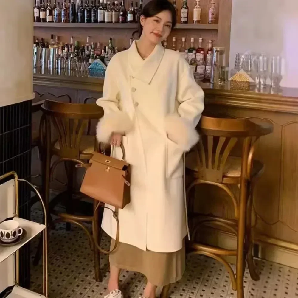 على الوجهين معطف من قماش الكشمير المرأة طويلة الثعلب الفراء طوق معطف الصوف 2024 جديد الخريف الشتاء ريال فوكس الفراء سترة معطف الصوف الإناث #4