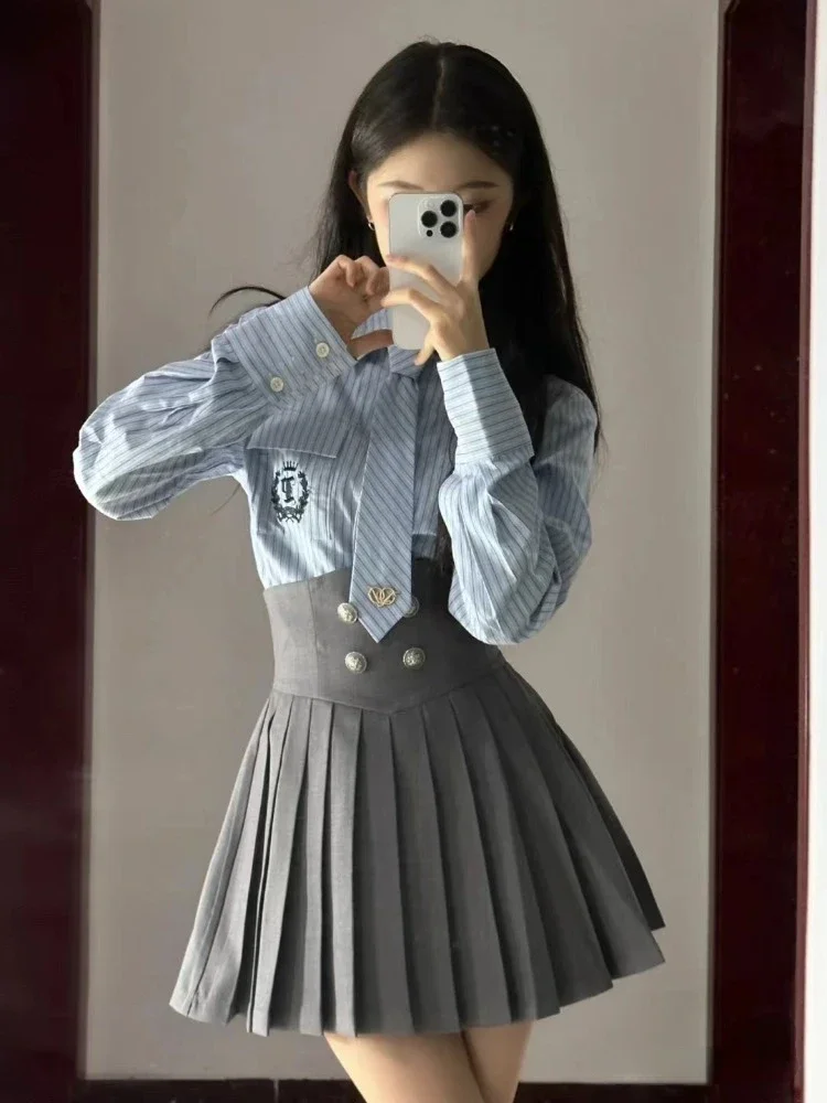 Winter Vintage 3 Piece Set Women Patchwork Kawaii Skirt Suit Female Korean Fashion Short Coat+Pleated Skirt+Striped Shirt 2023