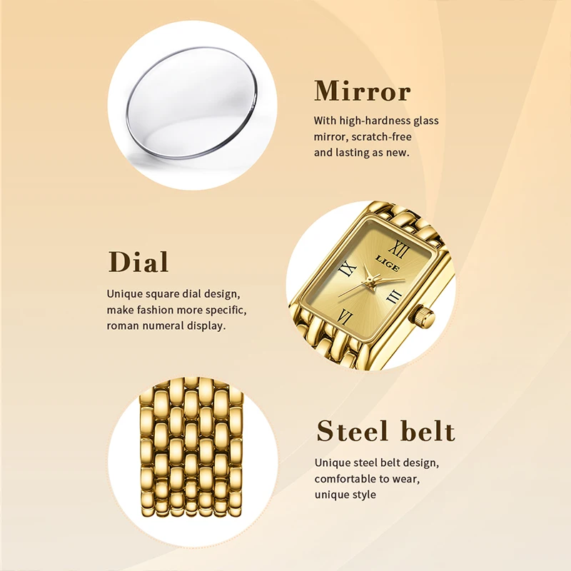 LIGE 2025 New Gold Women's Watch Luxury Quartz Watch Stainless Steel Bracelet Retro Fashion 30M Waterproof Watch for Women reloj