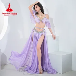 Trajes de danza del vientre, traje personalizado con sujetador de piedras AB + Falda larga dividida de gasa, 2 piezas, ropa de Actuación Profesional de Danza Oriental