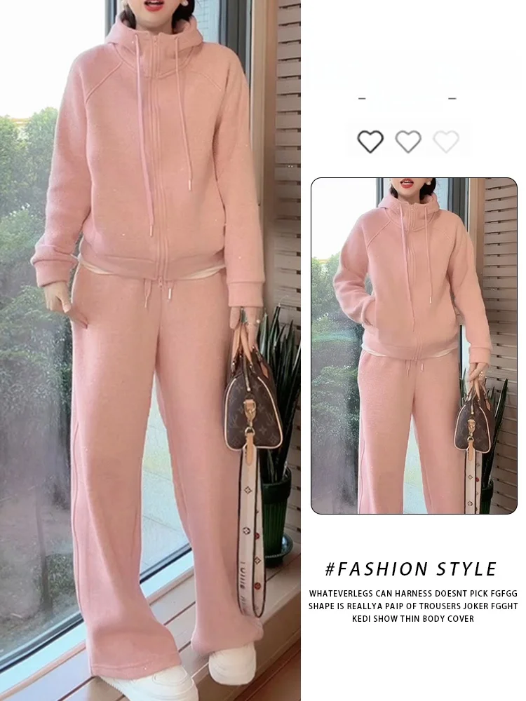 

Новый осенне-зимний повседневный спортивный комплект из двух предметов: утепленная флисовая розовая толстовка свободного кроя и брюки для женщин