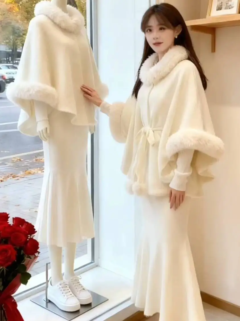 

Белое пальто с меховым воротником, укороченное, утепленное, осенне-зимнее, для молодых женщин, в стиле принцессы, с рукавами «летучая мышь», свободного кроя, с длинными рукавами