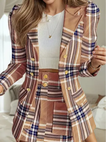 Traje elegante con estampado a cuadros para mujer, conjunto de falda de manga larga, falda de cintura alta con solapa y chaqueta deportiva de talla grande para mujer