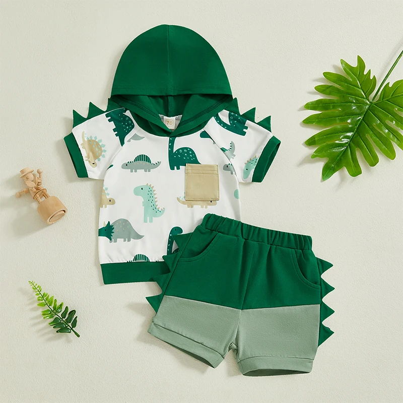 Baby Summer Clothing 2PCS Set Toddler Baby Boy Contrast Color Short Sleeve Dinosaur Print Hooded Tops + Shorts Outfits Clothes