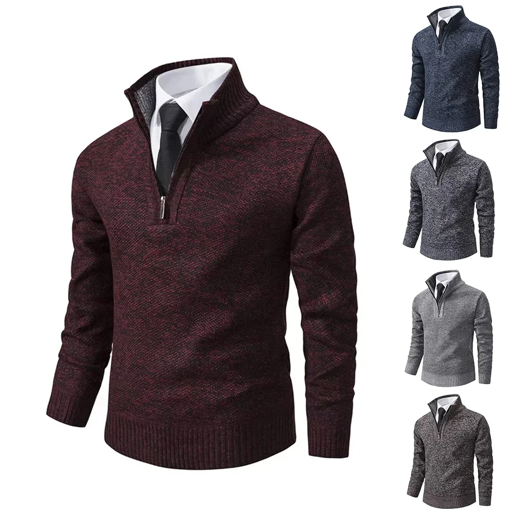 

Men's Autumn and Winter Sweater Half Zipper Slim Fit Warm Knitwear Solid Color Casual Fashion Turtleneck Knitted Pullovers