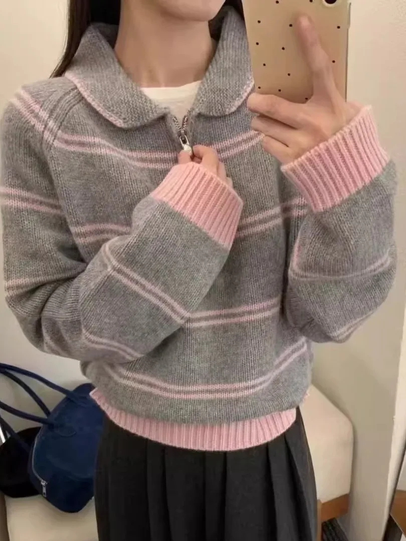 Koreanische Sle Kragen Gestreiften Pullover frauen Herbst Winter Lose Fit f Zip Weiche Gestrickte Top Jugendliche Lange Sve