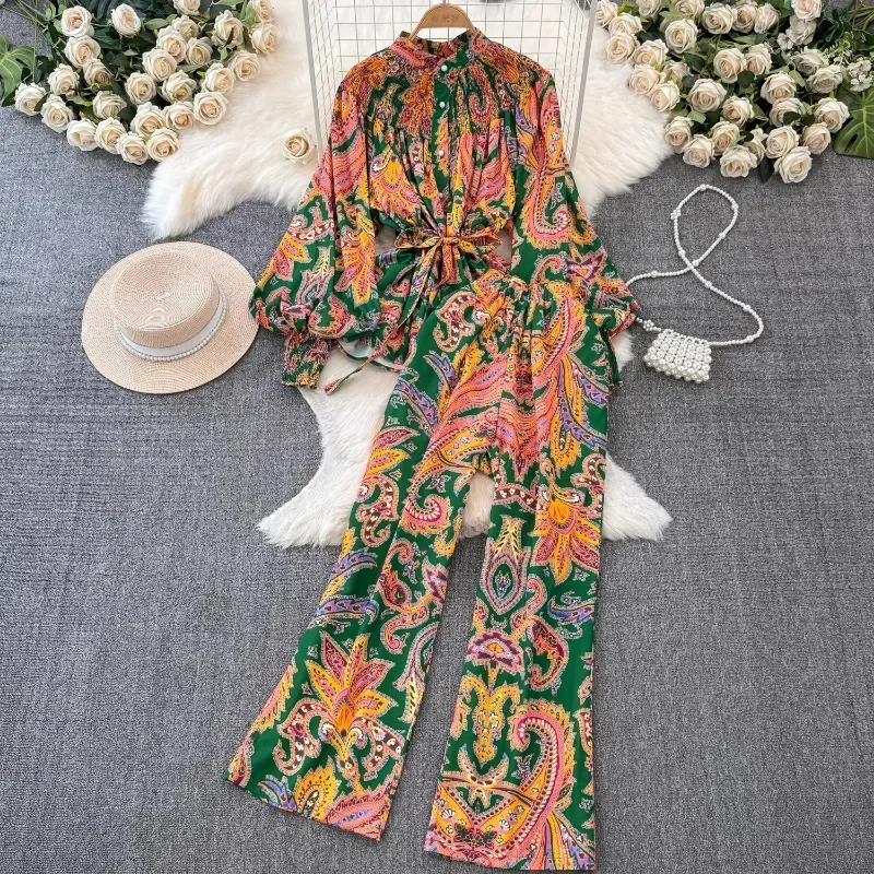 Fashionn Long Sleeve Loose Print Shirts Women+ High Waist Straight Wide Leg Pants  Summer New Two Piece Sets