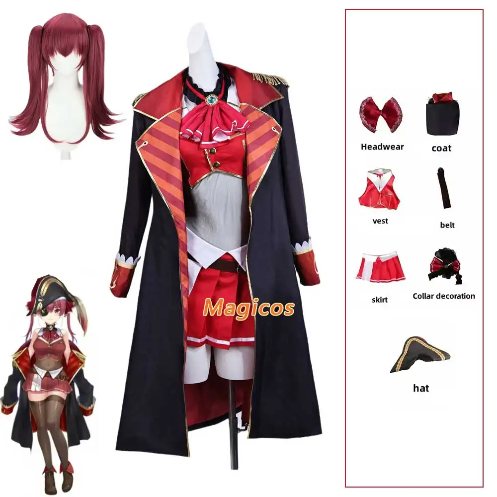 

Anime Virtual YouTuber Houshou Marine Cosplay Costume Wig Captain Cloak JK Red Skirt Uniform Woman Sexy Halloween Carnival Suit