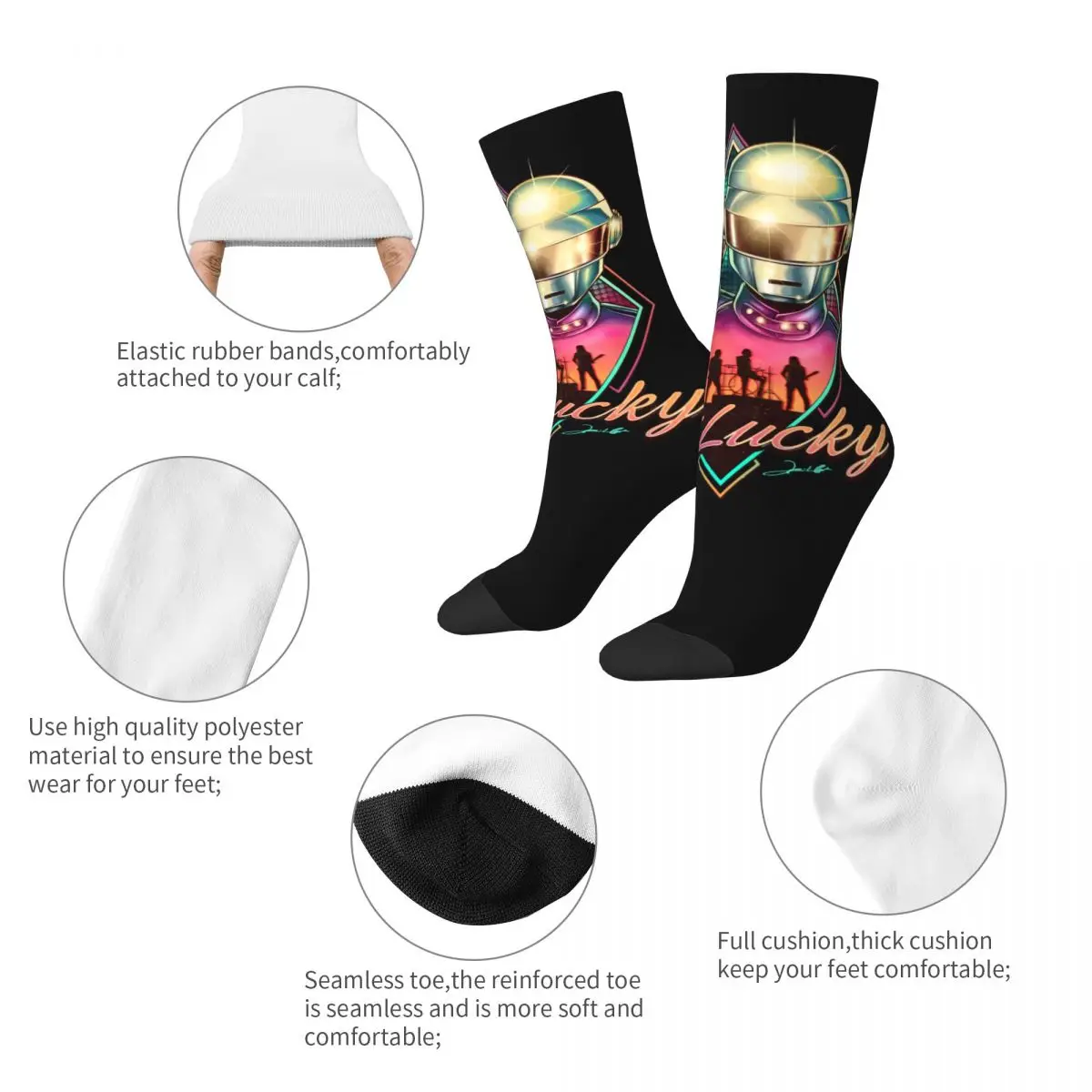 Funny Crazy Sock for Men Helmet Get Lucky Hip Hop Harajuku Daft Punk Rock Band Happy Pattern Printed Boys Crew Sock Casual Gift