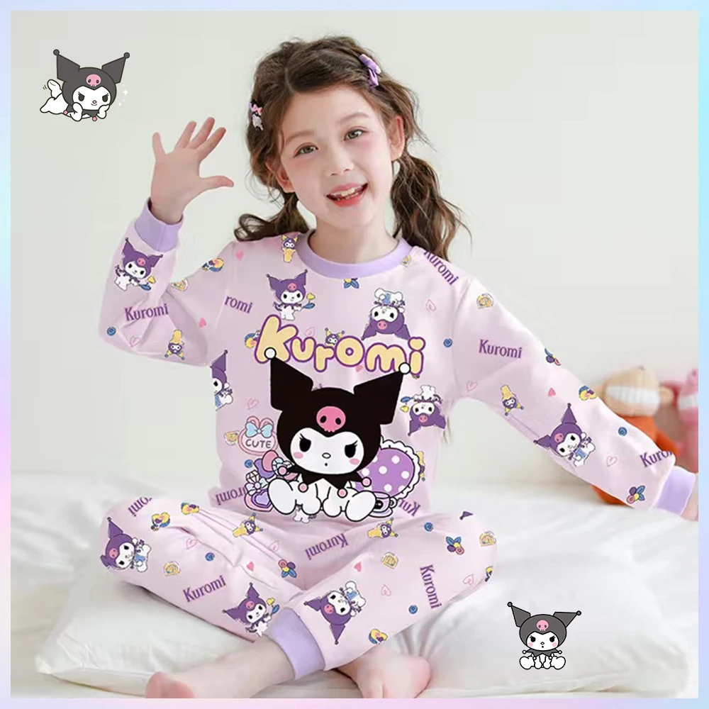 2Pcs Kuromi Warm Home Clothes for Children Anime Sanrios Kawaii Cotton Round Neck Pullover Long Sleeves T-Shirt Pants Pajamas