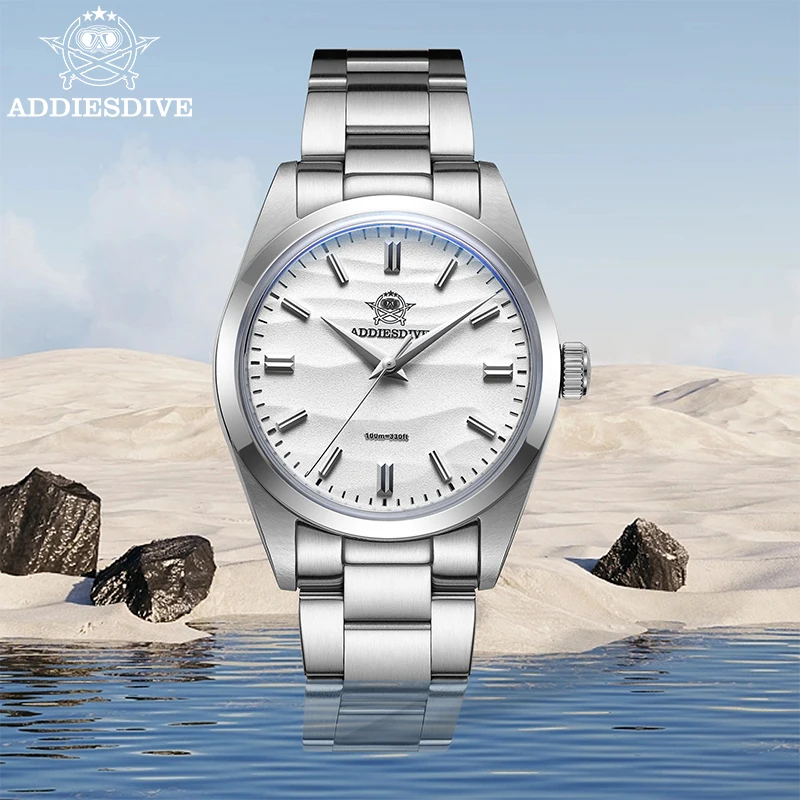 ADDIESDIVE Herrenuhr, Sandzifferblatt, 36 mm, Quarzuhr, 100 m wasserdicht, 316L-Edelstahl, AR-beschichtete Kuppelglas-Armbanduhr für Herren