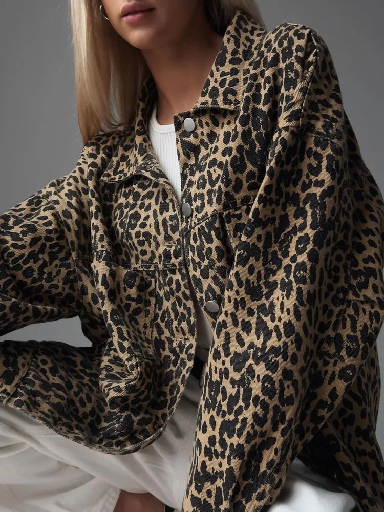 

BKQU Cotton Denim Women Leopard Print Bomber Jacket Unisex High Street Oversize Lapel Button Chic Ladies Outerwear Autumn Winter
