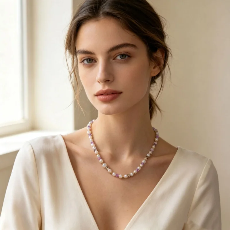 New Natural Gemstone Necklace for Women, Amethyst Smoke Crystal Stainless Steel Lobster Buckle, Fashionable and Exquisite Beads