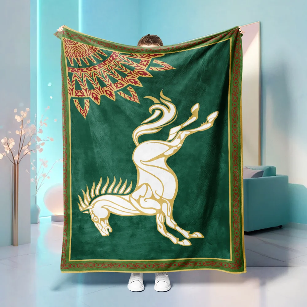1pc Lord of The Rings Rohan Horse Flannel Blanket,2D Medieval Flag Print Throw,All Season Soft Fleece Blanket for Bedroom,Living