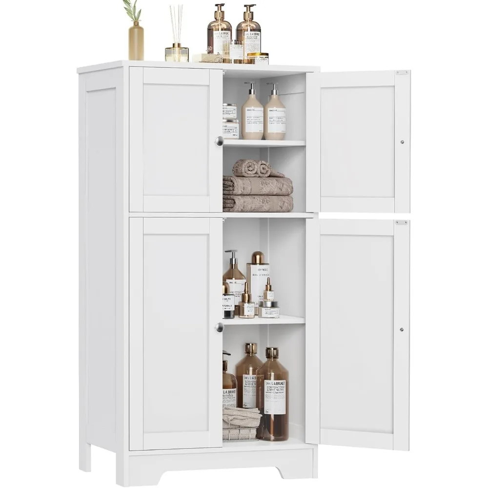 

Freestanding Bathroom Cabinet, Bathroom Floor Storage Cabinet with 2 Adjustable Shelves & 4 Doors, Cupboard for Living Room