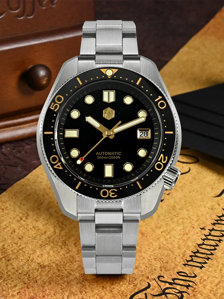 San Martin 44mm MM300 Black Turtle NH35 Men's Watch Mechanical Vintage Sapphire Date Window Gilt Dial 30Bar Reloj Hombre SN0087