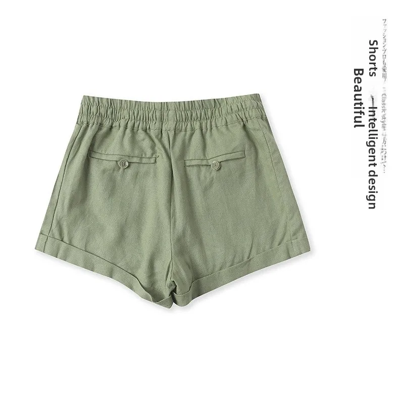 High Waist Cotton Linen Shorts Summer New Style Women's Versatile Slimming Elastic Belted Cuffed Casual Pants