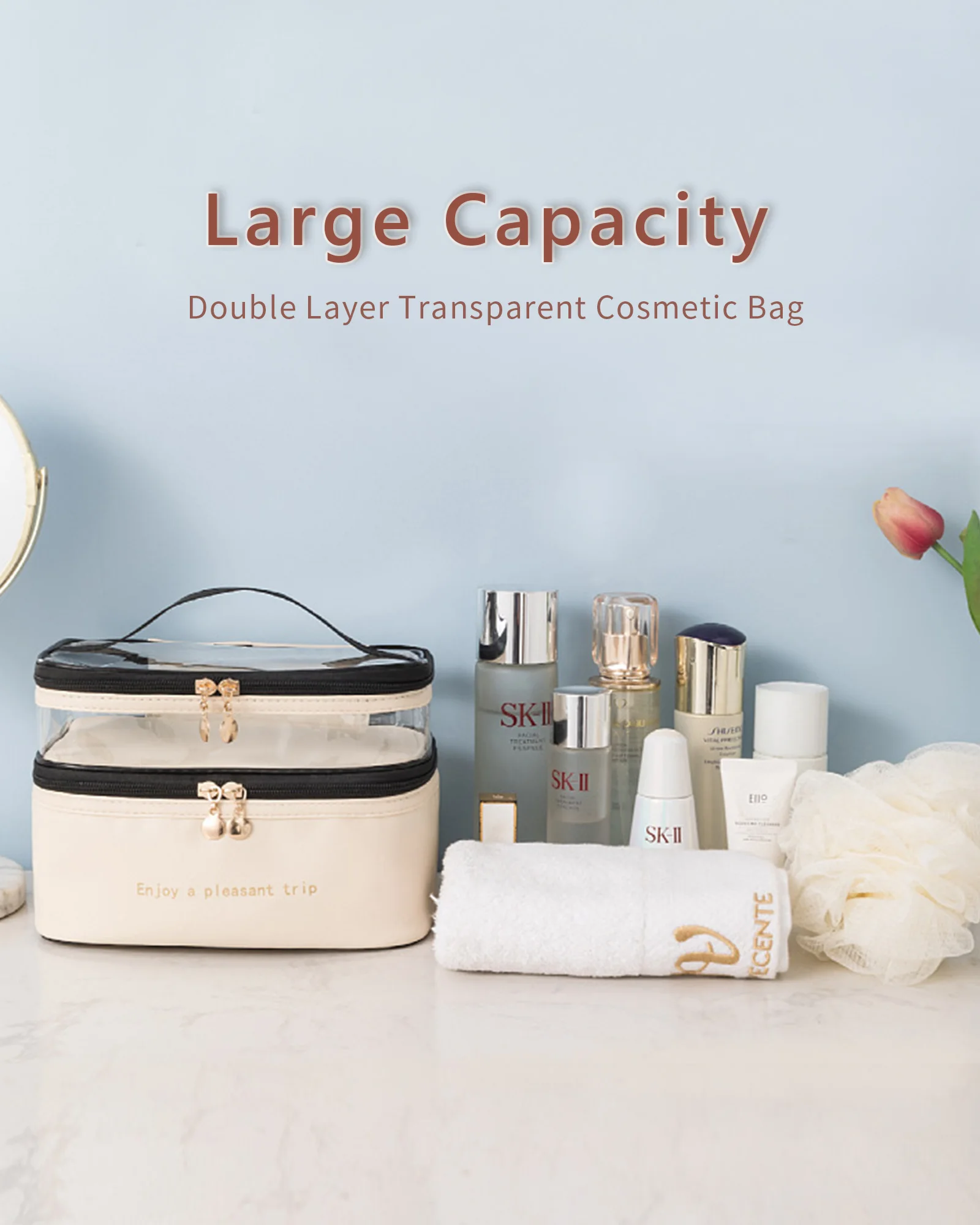 Two-layer PU Transparent Toiletry Bag Waterproof and Stylish Large Capacity Cosmetic Bag for Travel and Business