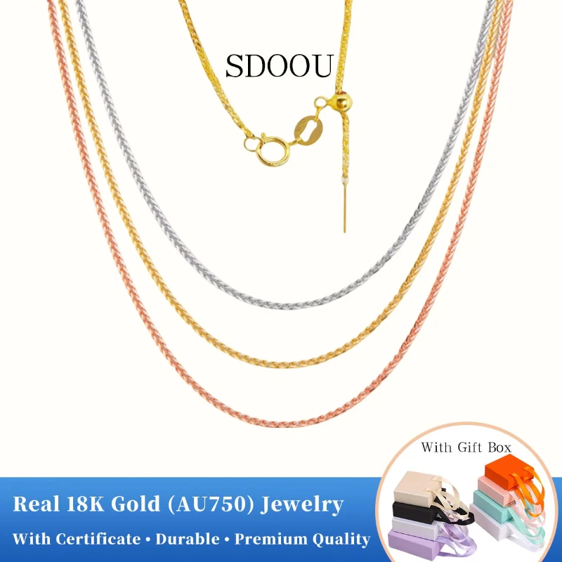 Collar SDOOU de oro real de 18 quilates AU750, cadena Chopin ajustable de 40+5 cm, cadena de clavícula universal, collar básico, joyería para mujeres y hombres